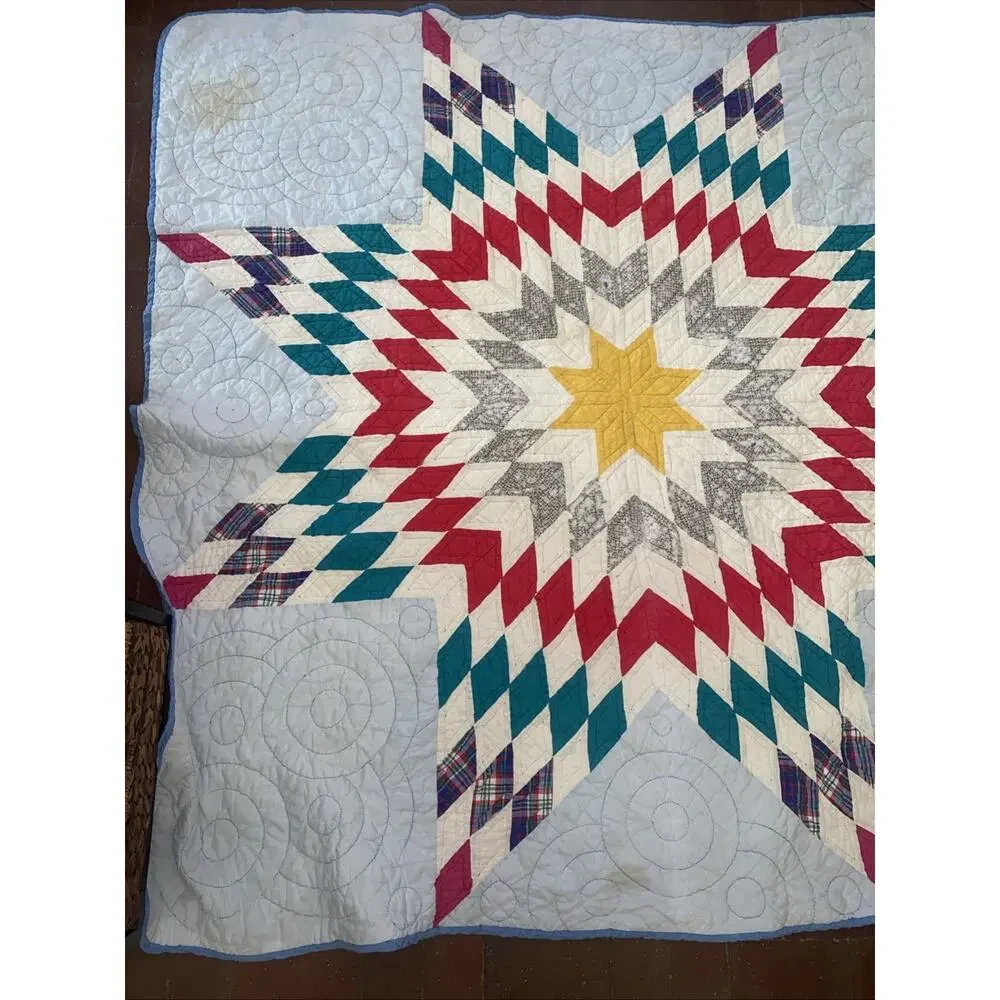 Vintage Hand Sewn Quilt LONE STAR 74”x 72” Square Flaws See Pics & Read On